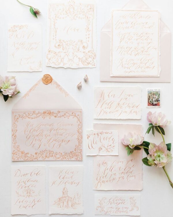 Flat lay of elegant calligraphy invitation suite with floral accents. Perfect for weddings and events.