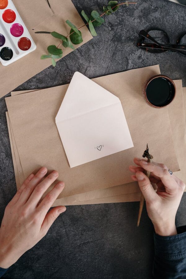 Elegant setup with calligraphy tools, envelope, and eucalyptus leaves on a table.